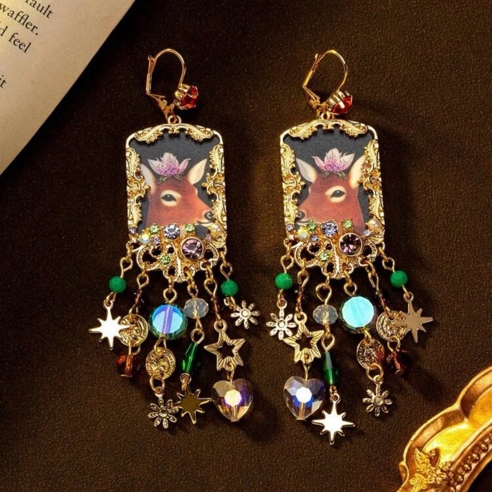 Deer Portrait Celestial Crystal Beads Earrings Vintage Style Chandelier Gold NEW